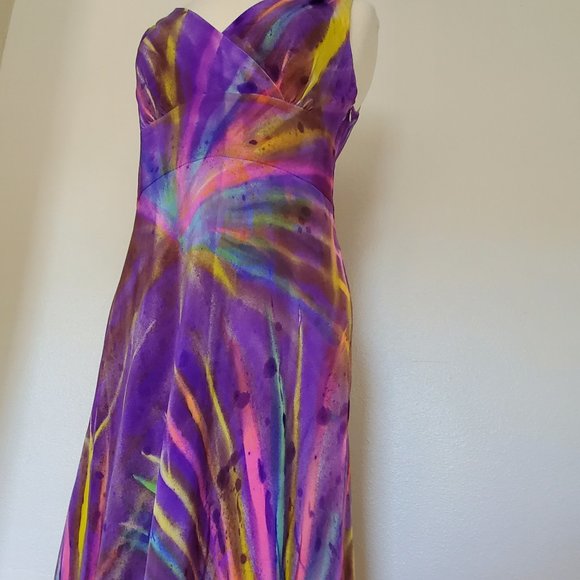 Silk Short Dress african batik purple yellow gold pink blue palms tropical beach - Picture 9 of 11